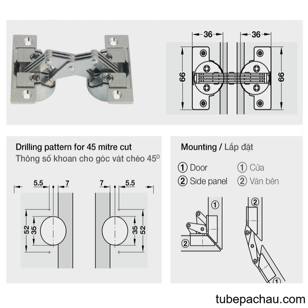 Bản Lề Tủ Mitred Cho Góc Vát Chéo 45º Hafele 325.00.708