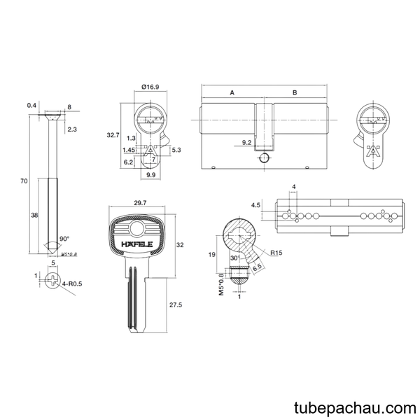 Ruột Khóa 2 Đầu Chìa 65mm Hafele 489.56.002
