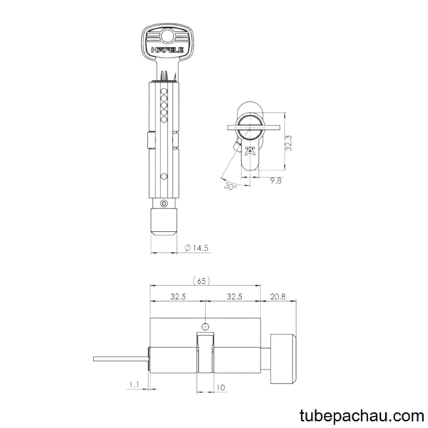 Ruột Khóa 65mm 1 Đầu Vặn 1 Đầu Chìa Hafele 489.56.250