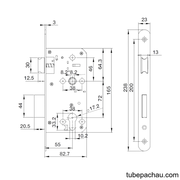 Thân Khóa Lưỡi Gà Chốt Chết C/C 72mm Hafele 489.10.560