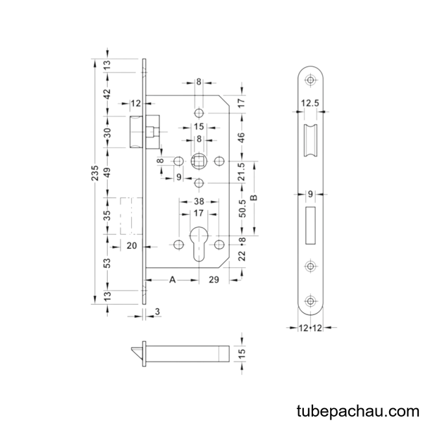 Thân Khóa Lưỡi Gà Chốt Chết C/C 72mm Hafele 911.25.402