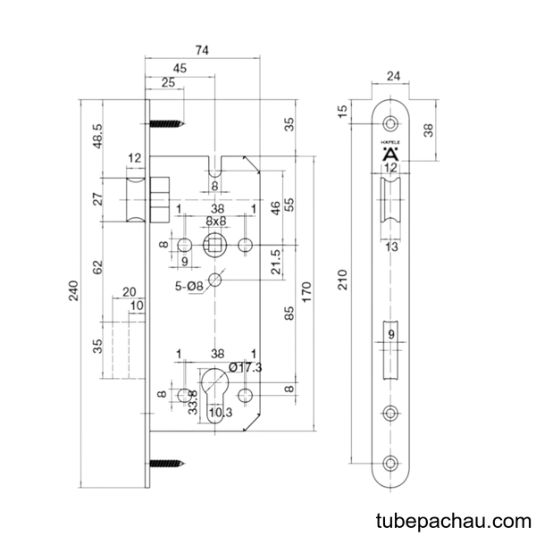Thân Khóa Lưỡi Gà Chốt Chết C/C 85mm Hafele 489.10.562