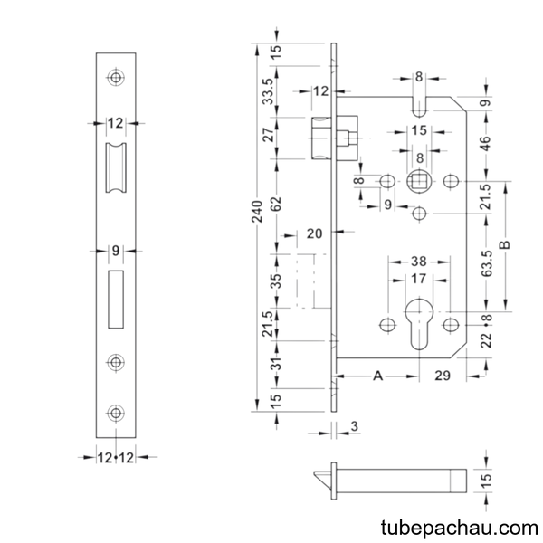 Thân Khóa Lưỡi Gà Chốt Chết C/C 85mm Hafele 911.02.069