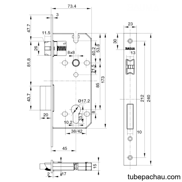 Thân Khóa Lưỡi Gà Chốt Chết C/C85mm Hafele 911.25.565