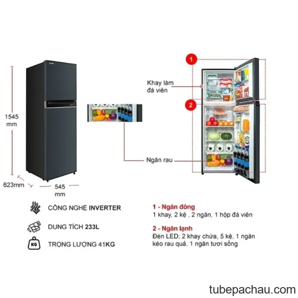 Tủ Lạnh 2 cánh Inverter 233 Lít Toshiba GR-RT303WE-PMV(52)