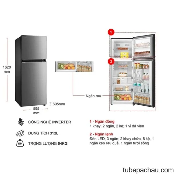Tủ Lạnh 2 cánh Inverter 312 Lít Toshiba GR-RT416WE-PMV(58)-MM
