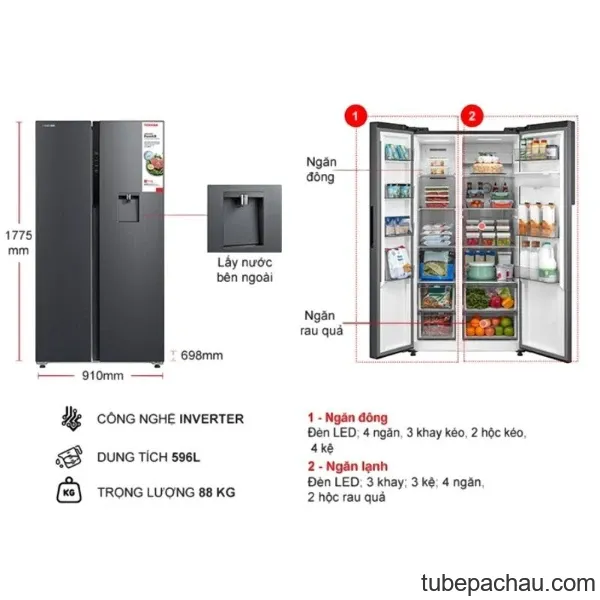 Tủ Lạnh 2 cánh side by side Inverter 596 Lít Toshiba GR-RS775WI-PMV(06)-MG