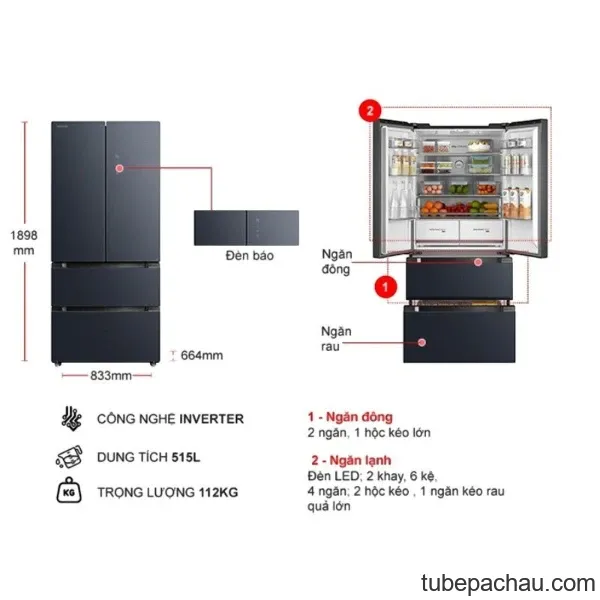 Tủ Lạnh 4 cánh Multi Doors Inverter 515 Lít Toshiba GR-RF670WI-PGV(A9)-BG