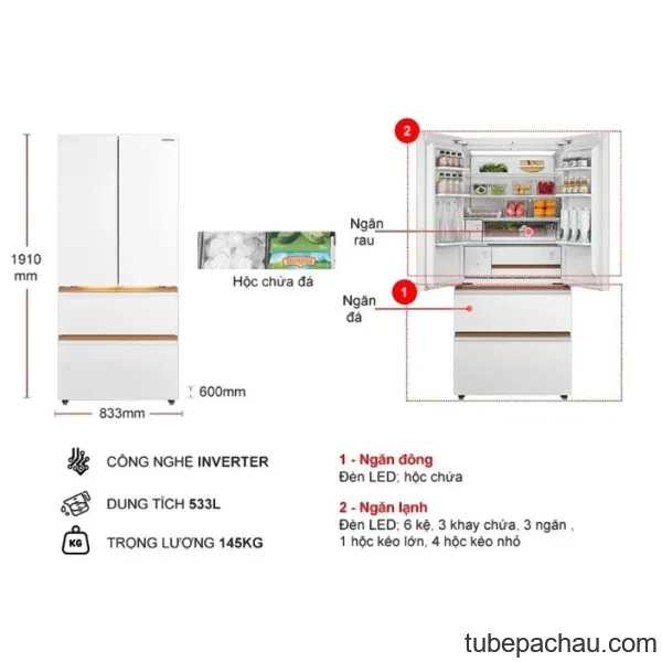 Tủ Lạnh 4 cánh Multi doors Inverter 533 Lít Toshiba GR-RF690WI-PGV(67)