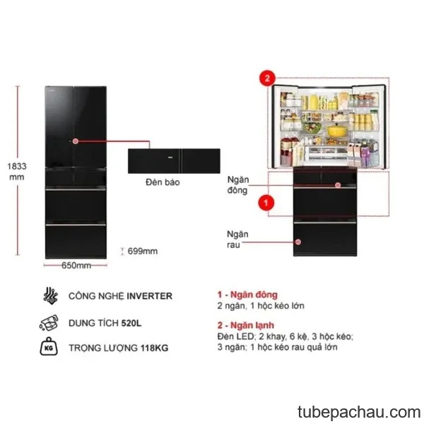 Tủ lạnh 6 cánh 540 lít Hitachi HW540RV XK