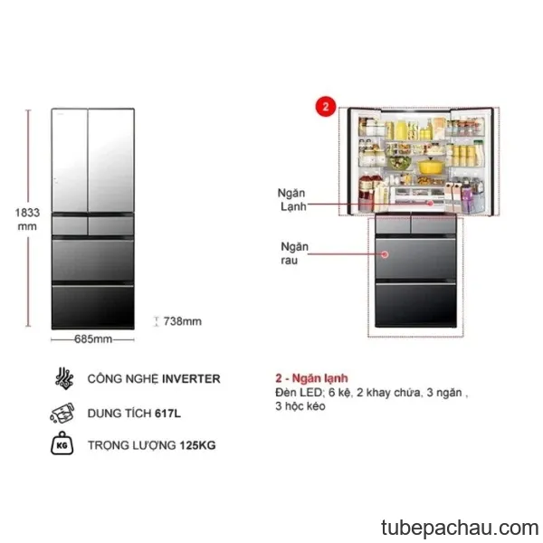 Tủ lạnh 6 cánh Multi doors Inverter 617 lít Hitachi R-HW620RV XK